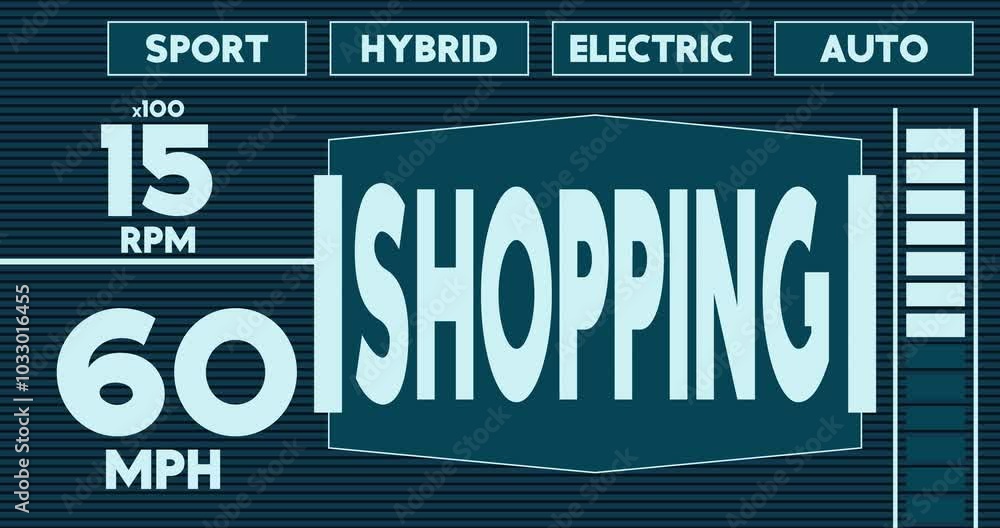 Poster futuristic car dashboard with shopping text. digital graphical user interface animation.