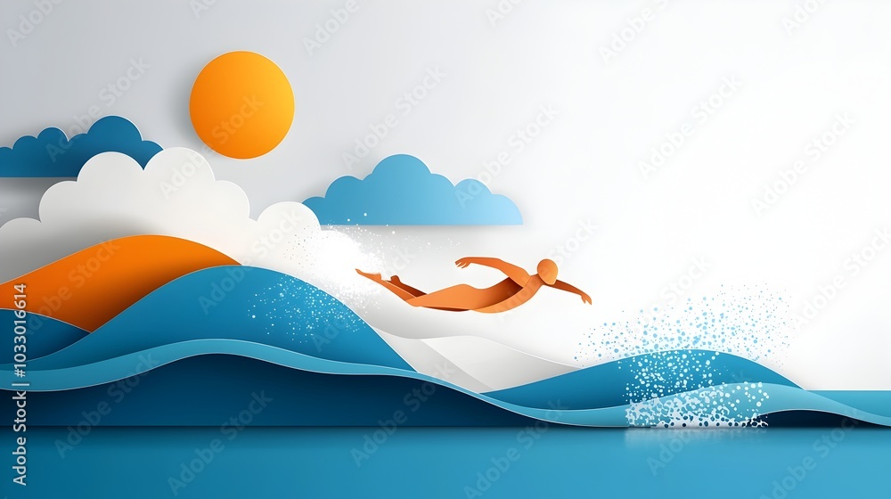 Poster stunning layered paper cut swimmer in dynamic and flowing water shapes creating an and energetic spo