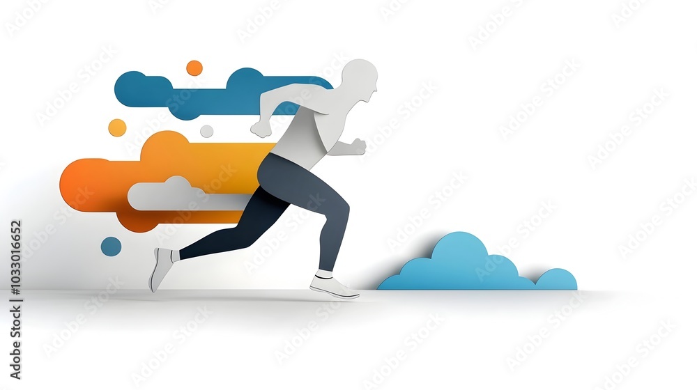 Poster layered paper cut runner silhouette with dynamic flowing action lines for modern athletic design and