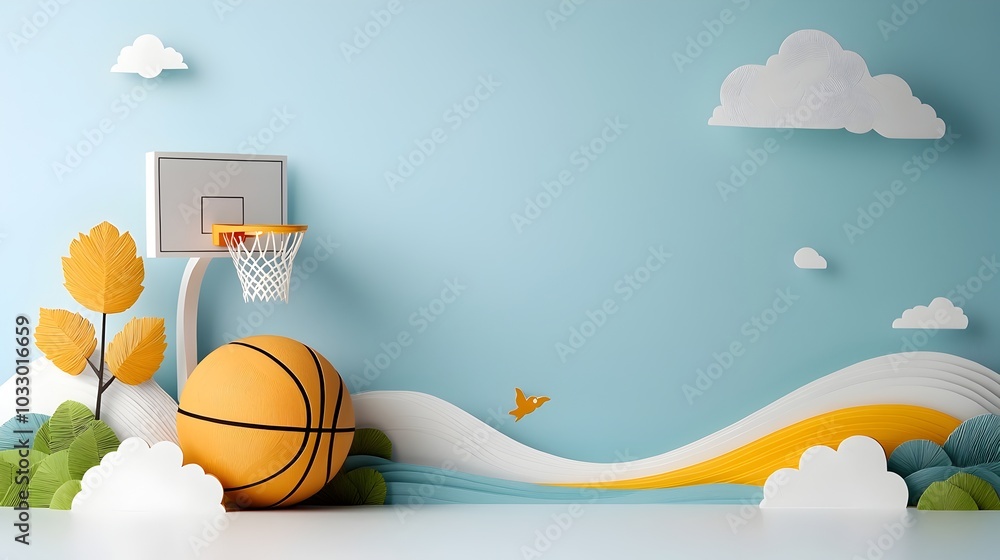 Poster striking abstract paper cut design of basketball hoop and ball with bold layers sharp angles and vib