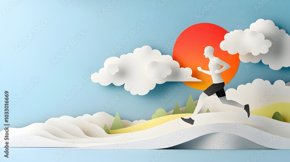 Poster layered paper cut runner silhouette with flowing action lines creating a dynamic and energetic desig