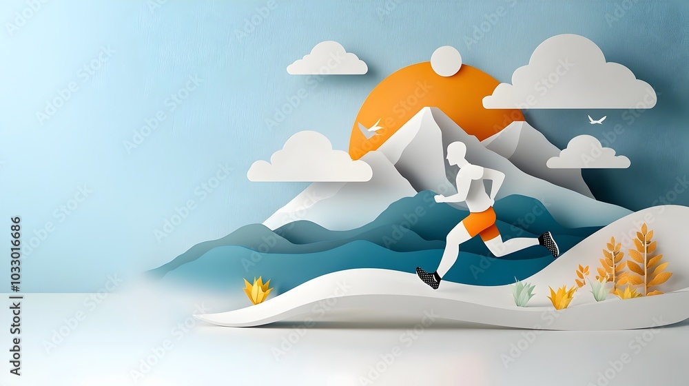 Poster layered paper cut silhouette with dynamic flowing action lines for an elegant athletic or sports des
