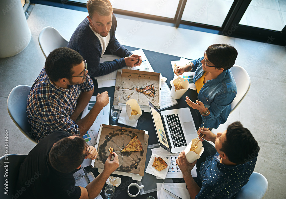 Poster creative, discussion and business people in meeting with pizza, planning and collaboration from abov