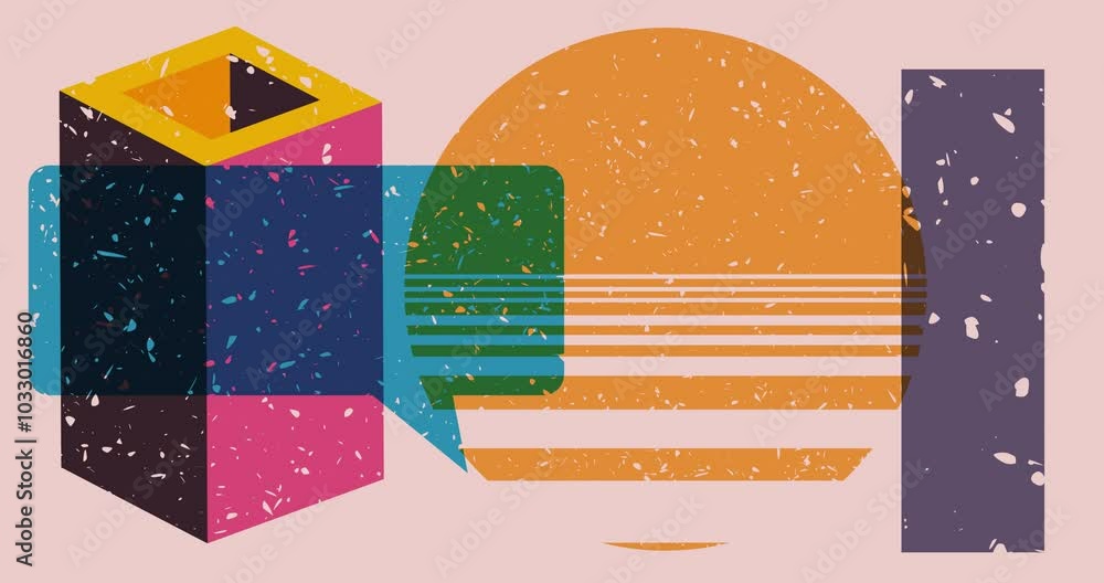 Poster risograph speech bubble with geometric shapes animation. moving object in trendy riso graph design v