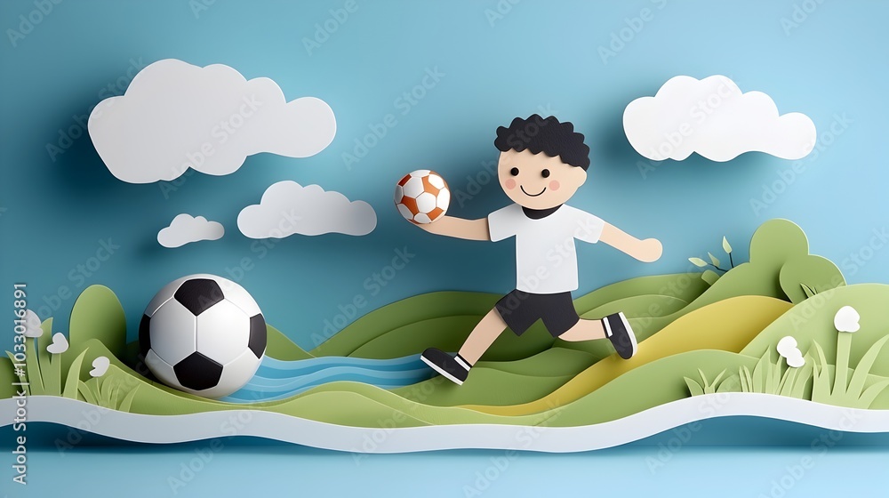 Aufkleber stylized paper cut out figure of a soccer player mid kick with layered action lines creating a dynam