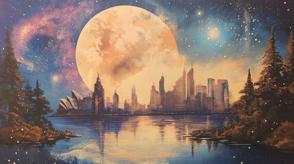 a cityscape picture of sydney harbour, with deep space in the background. Spraypaint art.