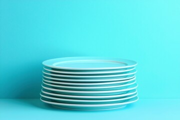 Obraz premium Stack of White Plates on a Blue Background