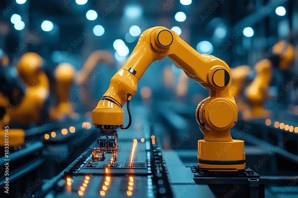 Poster a yellow robotic arm working on an assembly line in a modern factory.