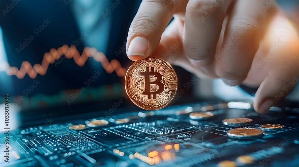Poster futuristic blockchain token system evolving the financial landscape 3d rendered depicting the digita