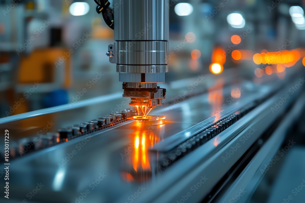 Poster A robotic arm with a laser pointer is welding a metal part on a conveyor belt in a factory.