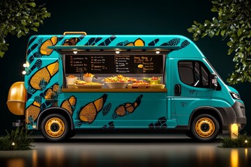 Illustration of a food truck serving meals, with bright, engaging visuals