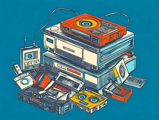 Clean and simple illustration representing 90s memories through iconic items like cassette tapes and analog devices, negative space highlights