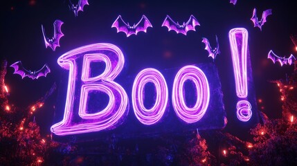Spooky Neon "Boo!" Sign on Digital Billboard with Glowing Bats - Halloween Night Vibes