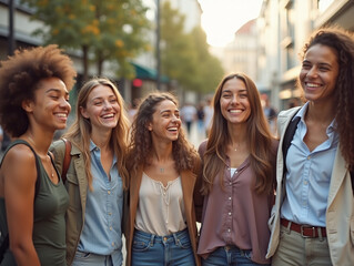 Fototapeta premium Young group of people having fun together outdoors in a sunny day. Multiracial best friends bonding enjoying time together at city street. United millennial students laughing