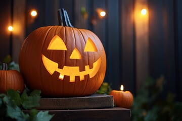 Fototapeta premium Pumpkin candles flickering inside a haunted house, casting eerie shadows on the walls