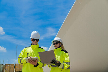 Two engineers in high visibility gear use a laptop to work in front of a large wind turbine blade at a construction site. the integration of technology in renewable energy and wind power projects.
