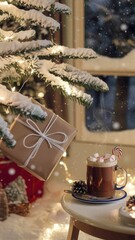 Christmas tree with a brown box hanging from it