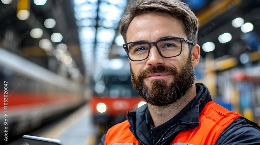 Poster caucasian railway engineer in uniform examining maintenance tasks and discussing plans on digital ta