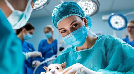 A veterinarian performing surgery on a small animal, focused and professional, in a sterile veterinary operating room