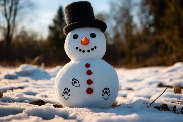 Obraz premium Snowman with animal footprints around it, standing in a quiet winter forest