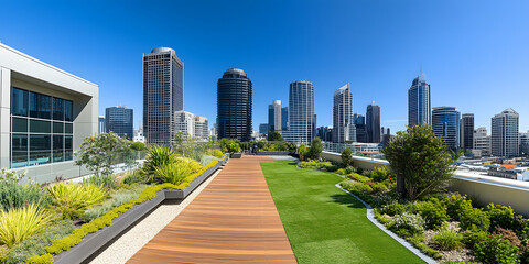 Fototapeta premium Jardim na cobertura estiloso com vistas panorâmicas da cidade