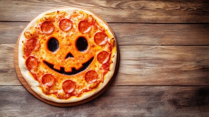 Halloween pizza with a spooky pumpkin smiling face. Overhead view