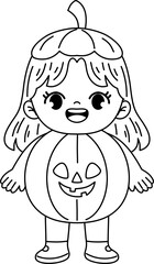 kid wearing halloween costume outline coloring