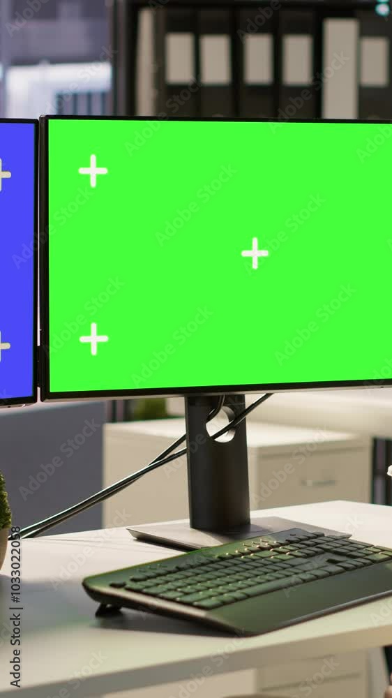 Poster vertical video employee using multi monitor isolated screen computer to analyze datasets, comparing 