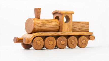 wooden toy train engine with wheels isolated on white background