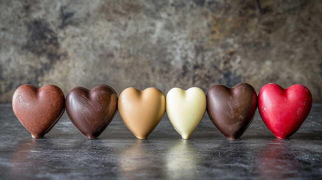 Celebrating National Chocolate Day with assorted heart-shaped chocolates on a rustic surface - Powered by Adobe