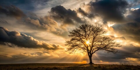 Obraz premium A Lone Tree Stands Silhouetted Against a Dramatic Sunset Sky, With Golden Rays of Light Piercing Through the Clouds