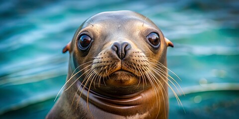 Fototapeta premium A curious seal pup with inquisitive eyes stares intently at the camera, its whiskers framing its face against a backdrop of shimmering turquoise water.