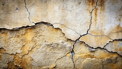 Fototapeta premium A weathered wall with a network of cracks, revealing layers of aged and faded yellow and gray tones, hinting at a past of exposure and resilience.
