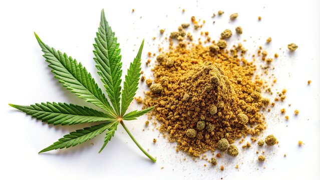 Aerial view of marijuana cannabis pollen and hashish on a white background