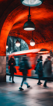 Esta&ccedil;&atilde;o de metr&ocirc; subterr&acirc;nea com pessoas apressadas passando.