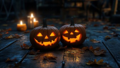 Fototapeta premium Two glowing jack-o'-lanterns with carved faces on a wooden porch surrounded by fall leaves and candles.