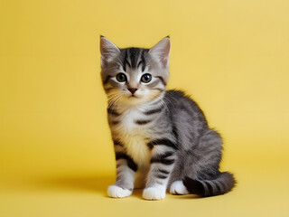 Obraz premium portrait of a cute little cat sitting on yellow background 