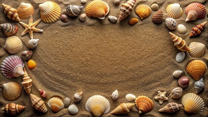 Obraz premium Seashells and Sand Frame, a natural beach border with a blank center for adding your own message