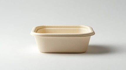 Biodegradable bagasse food container, sleek and smooth surface, displayed on a clean white background, natural organic material focus