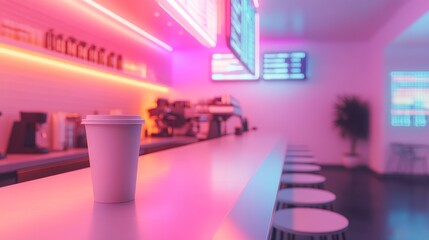 Biodegradable cup in a futuristic zero-waste cafe, holographic menu overhead, neon accents, minimalist and clean aesthetic, isometric angle