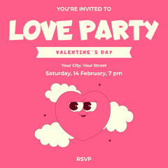 Love Party Invitation. Lovely and cute heart character with clouds in retro groovy style. Valentines day, February 14, RSVP. Vector illustration with text