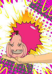 Cartoon, comic book human hands holding Halloween Jack O' Lantern Pumpkin. Retro vector comics pop art design.