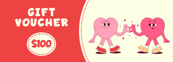 Vintage love gift voucher template. Cute walking couple hearts character in retro groovy style. Flat vector illustration, banner, horizontal flyer