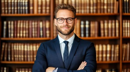 Fototapeta premium Confident lawyer in sharp attire finetuning their suit, exuding legal expertise in a classic library environment.