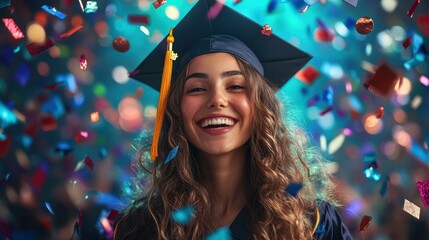 Joyful graduate celebrates academic success with diploma in hand, surrounded by vibrant colors, ready for new adventures.