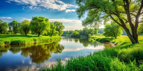Obraz premium Tranquil river flowing through a verdant landscape, framed by majestic trees and a sky adorned with fluffy clouds.