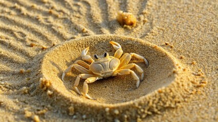 A small crab emerges from its sandy burrow, showcasing the intricate details of its exoskeleton and the textured grains of the beach