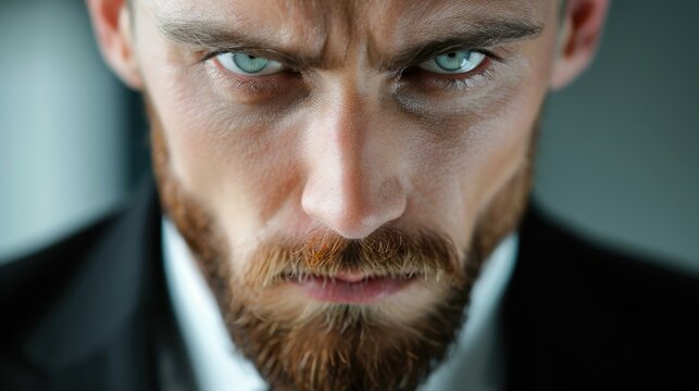 Bold portrait of a wellgroomed man with a thick beard set against a dark background, capturing style and strength.