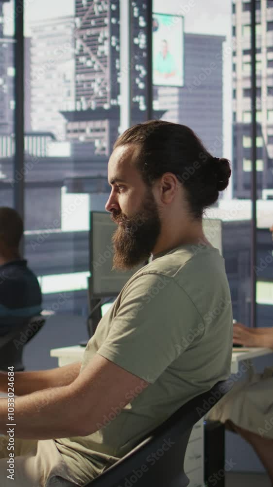 Poster vertical video developer working with artificial intelligence machine learning tech, improving compa