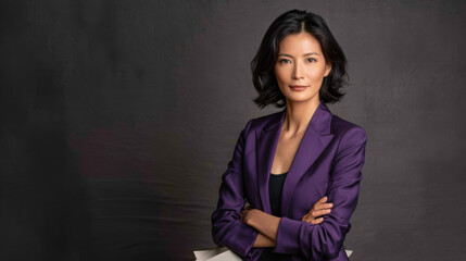 An Asian woman exudes confidence in a stylish purple blazer against a dramatic dark studio backdrop.